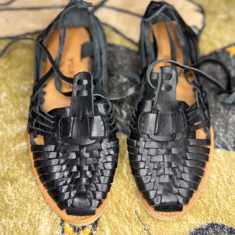 Chamula Cancun Black Leather Woven Huarache Lace Up Sandals Womens Size 6 6211